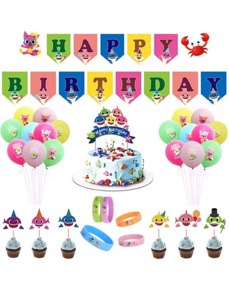Banners 51pcs Cute Shark Party Decorations - Happy Birthday Banner-Mini Shark Balloons- Cute Shark Silicone Wristbands Bracel...