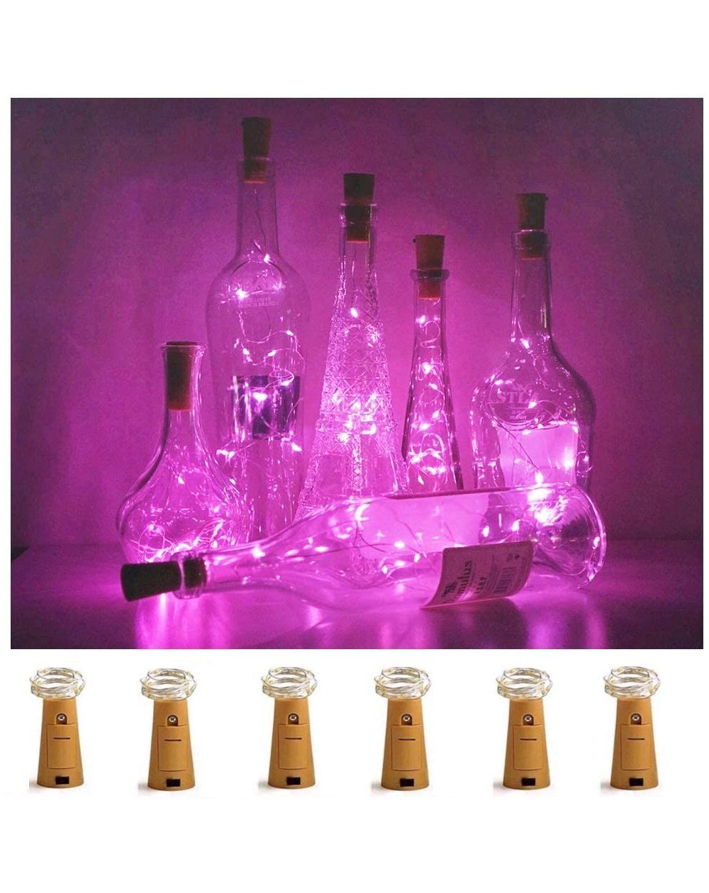Outdoor String Lights Wine Bottle Lights with Cork- 6 Pack Battery Operated 15 LED Cork Shape Silver Wire Colorful Fairy Mini...