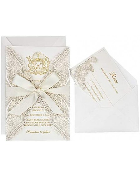 Invitations 1 Set Sample Ivory Laser Cut Lace Wedding Invitations Wraps with Shimmer Insert and Ribbon Bow- RSVP Cards Includ...