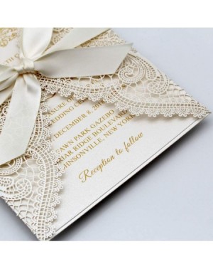 Invitations 1 Set Sample Ivory Laser Cut Lace Wedding Invitations Wraps with Shimmer Insert and Ribbon Bow- RSVP Cards Includ...