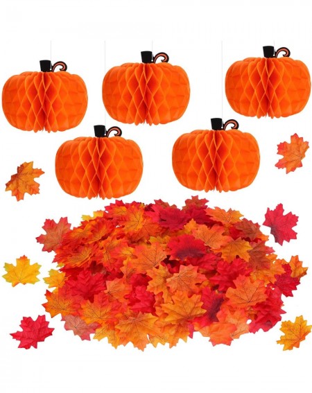 Tissue Pom Poms 5 Pieces Tissue Paper Pumpkin and 200 Pieces Autumn Maple Leaves Fall Artificial Colored Maple Leaves for Hal...