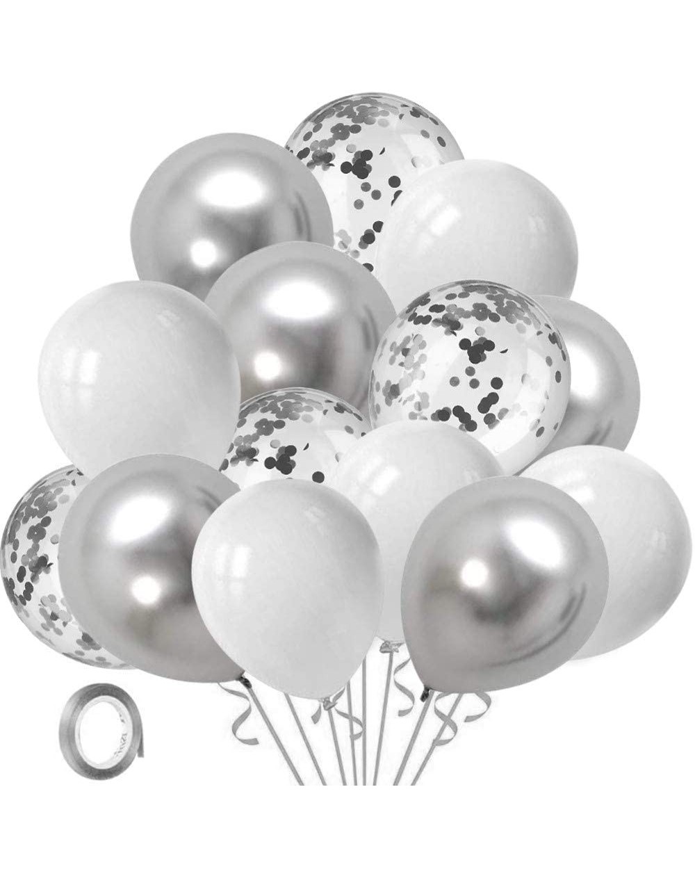 Balloons White Silver Confetti Party Balloons - 60 Pcs 12inch White Pearl Silver Metallic Chrome Latex Balloon Set with 33Ft ...