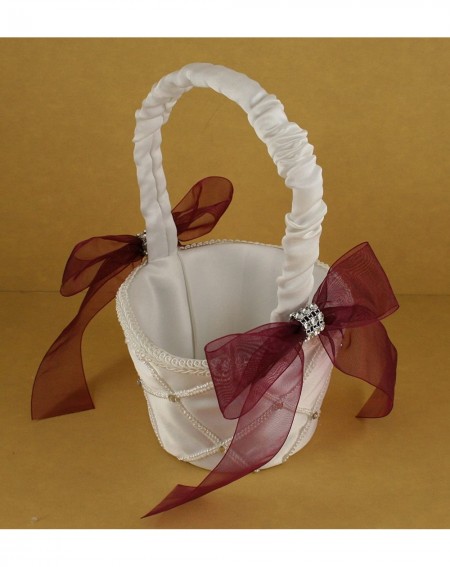 Ceremony Supplies White Fabric Lattice Design Wedding Flower Girl Basket Organza Bow & Faux Rhinestone Accent (WINE BOW) - Wi...