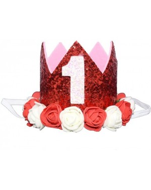 Party Hats Glitter 1/2 1st 2 3 Birthday Princess Flower Floral Crown Tiara Cake Smash Photo Prop - Red Flower 1 - CO189WDOA9Q...