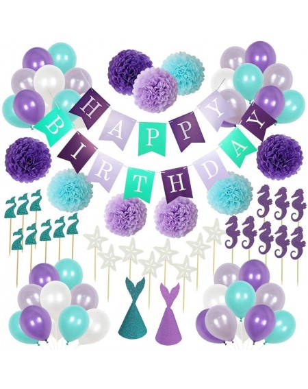 Party Packs Mermaid Theme Birthday Decorations Party Supplies-1 Happy Birthday Banner-2 Mermaid Party Hats-9 Pom Poms Flowers...