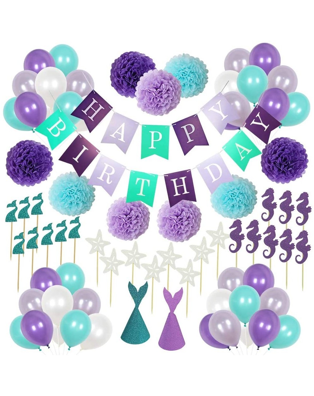Party Packs Mermaid Theme Birthday Decorations Party Supplies-1 Happy Birthday Banner-2 Mermaid Party Hats-9 Pom Poms Flowers...