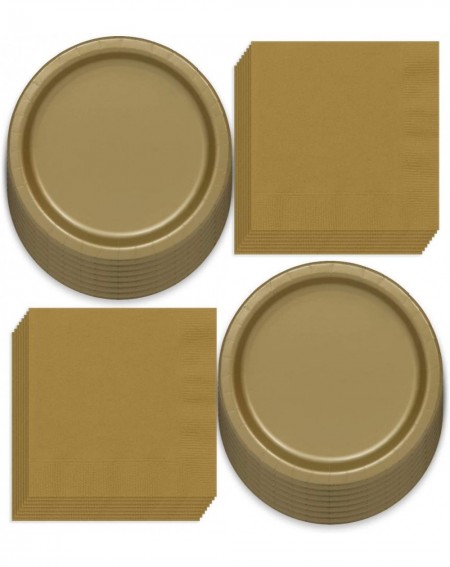 Party Packs Solid Gold Colored Paper Dinner Plates and Luncheon Napkins- Gold Party Supplies and Table Decorations (Serves 16...