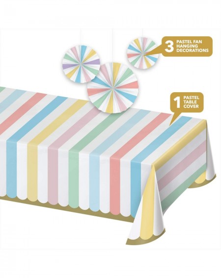 Party Packs Gold Trimmed Pastel Rainbow Scalloped Paper Table Cover and Decorative Hanging Fans Set - Gold Trimmed Pastel Rai...