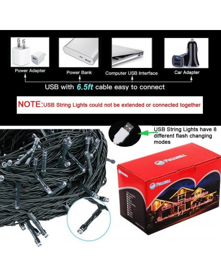 Outdoor String Lights Indoor/Outdoor String Lights with 8 Flash Changing Modes USB Power 39ft 100LED Wire Lights Waterproof F...