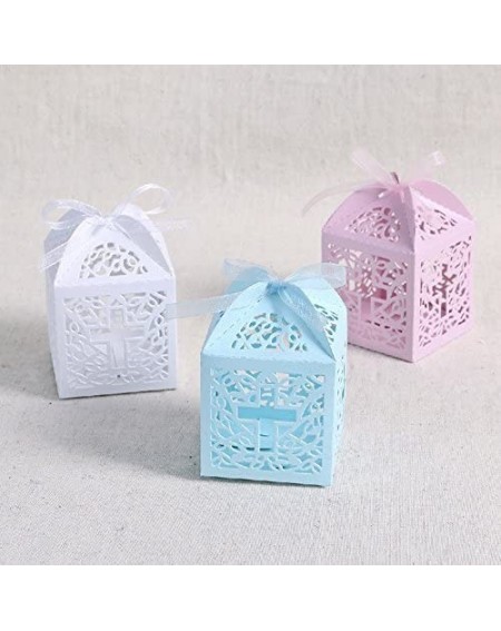 Favors New Design 50 Pack Cross Laser Cut Favor Box Christening Baby Shower Bomboniere with Ribbons Party Favors (Pink) - Pin...