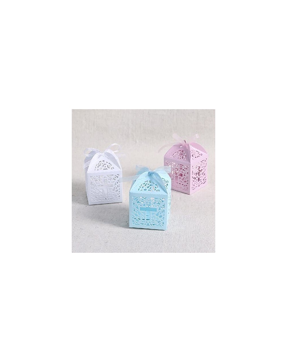 Favors New Design 50 Pack Cross Laser Cut Favor Box Christening Baby Shower Bomboniere with Ribbons Party Favors (Pink) - Pin...