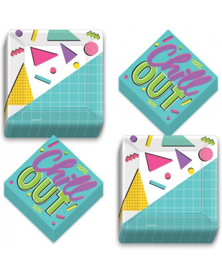 Party Packs Awesome 80's and 90's Party Supplies - Rad Shapes Square Paper Dessert Plates and"Chill Out" Beverage Napkins (Se...