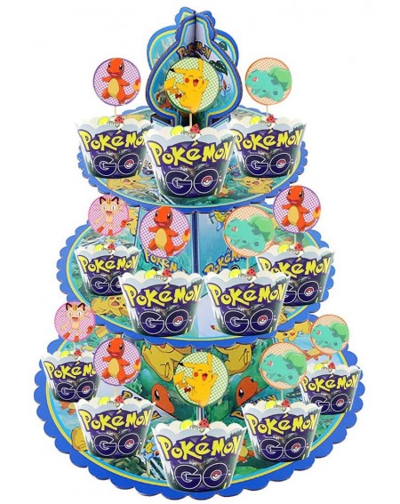 Cake & Cupcake Toppers TOXYU 32Pcs Pikachu Cupcake Stand kits- Pikachu Cake Toppers- 3 Tier Cakes Stand- Display Tower Cartoo...