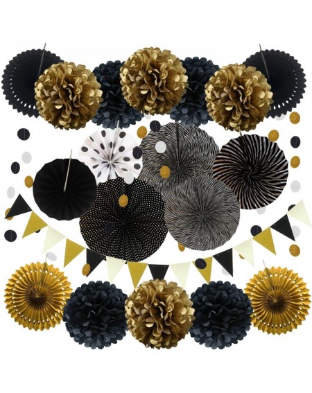 Tissue Pom Poms Party Decoration- 21 Pcs Black and Gold Hanging Paper Fans- Pom Poms Flowers- Garlands String Polka Dot and T...