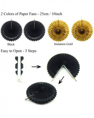 Tissue Pom Poms Party Decoration- 21 Pcs Black and Gold Hanging Paper Fans- Pom Poms Flowers- Garlands String Polka Dot and T...