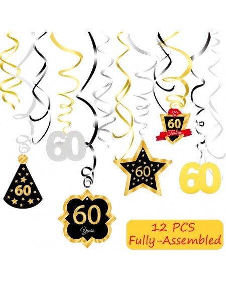 Streamers 60 Birthday Decoration Ceiling Hanging Swirls- Happy 60th Birthday Party Silver Black Gold Foil Swirl Streamers- Bi...