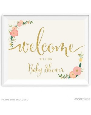 Favors Baby Shower Party Signs- Faux Gold Glitter with Peach Coral Floral Flowers- 8.5x11-inch- Welcome to Our Baby Shower- 1...