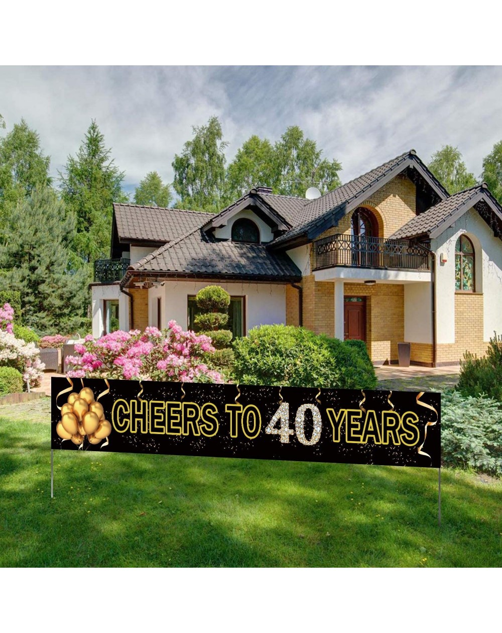 Banners & Garlands Large Cheers to 40 Years Banner- Black Gold 40 Anniversary Party Sign- 40th Happy Birthday Banner(9.8feet ...
