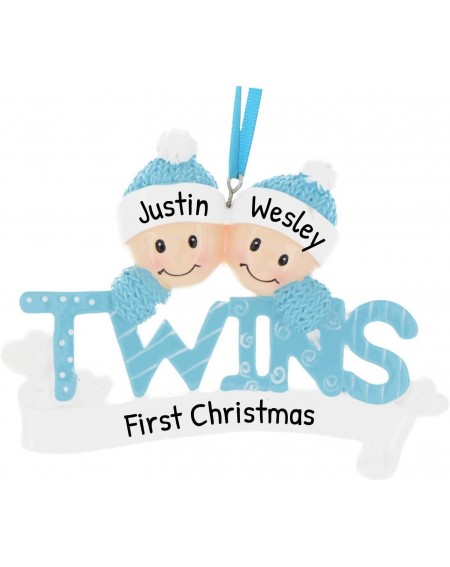 Ornaments Personalized Twins Christmas Tree Ornament 2020 - Same Born Babies Blue Hat on Word Glitter Hearts Toddlers Childre...