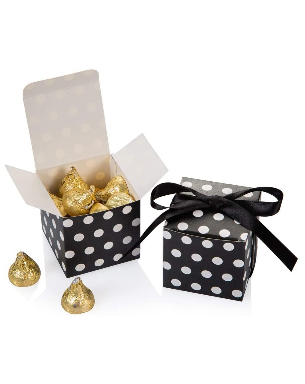 Party Favors Black Gift Candy Box with Whtie Dots Bulk 2x2x2 inches with Ribbon Party Favor Box- White Dots- Pack of 50 - Bla...