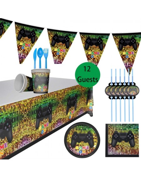 Party Packs 94cs Video Game Party Supplies Include Plates- Cups- Napkins- Banner- Table Cover- Utensils Pack for Game Birthda...
