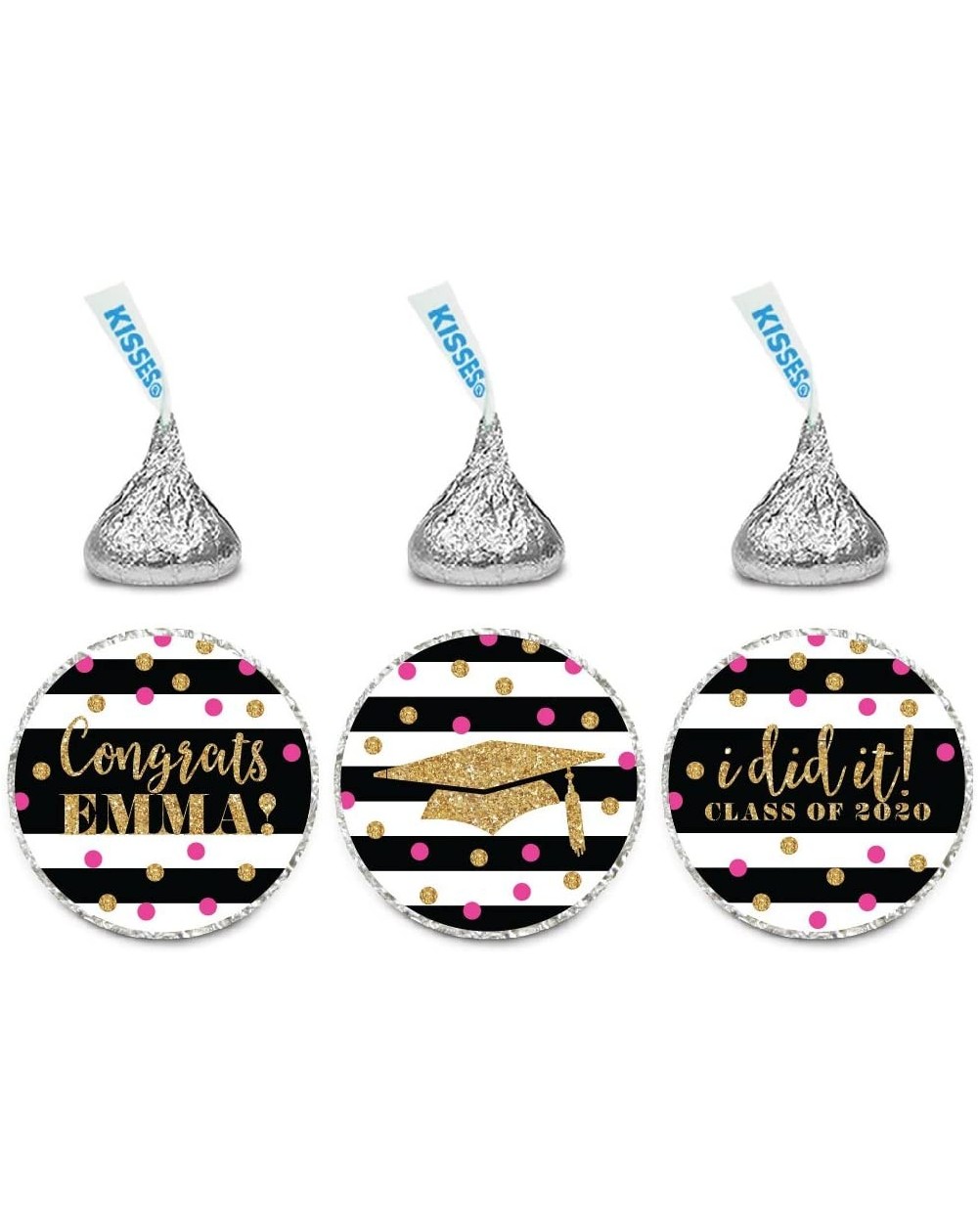Favors Fuchsia- Black and Gold Glittering Graduation Party Collection- Personalized Chocolate Drop Label Stickers Trio- 216-P...