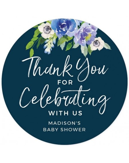 Favors Navy Blue Hydrangea Floral Garden Party Baby Shower Collection- Personalized Round Circle Label Stickers- Thank You fo...