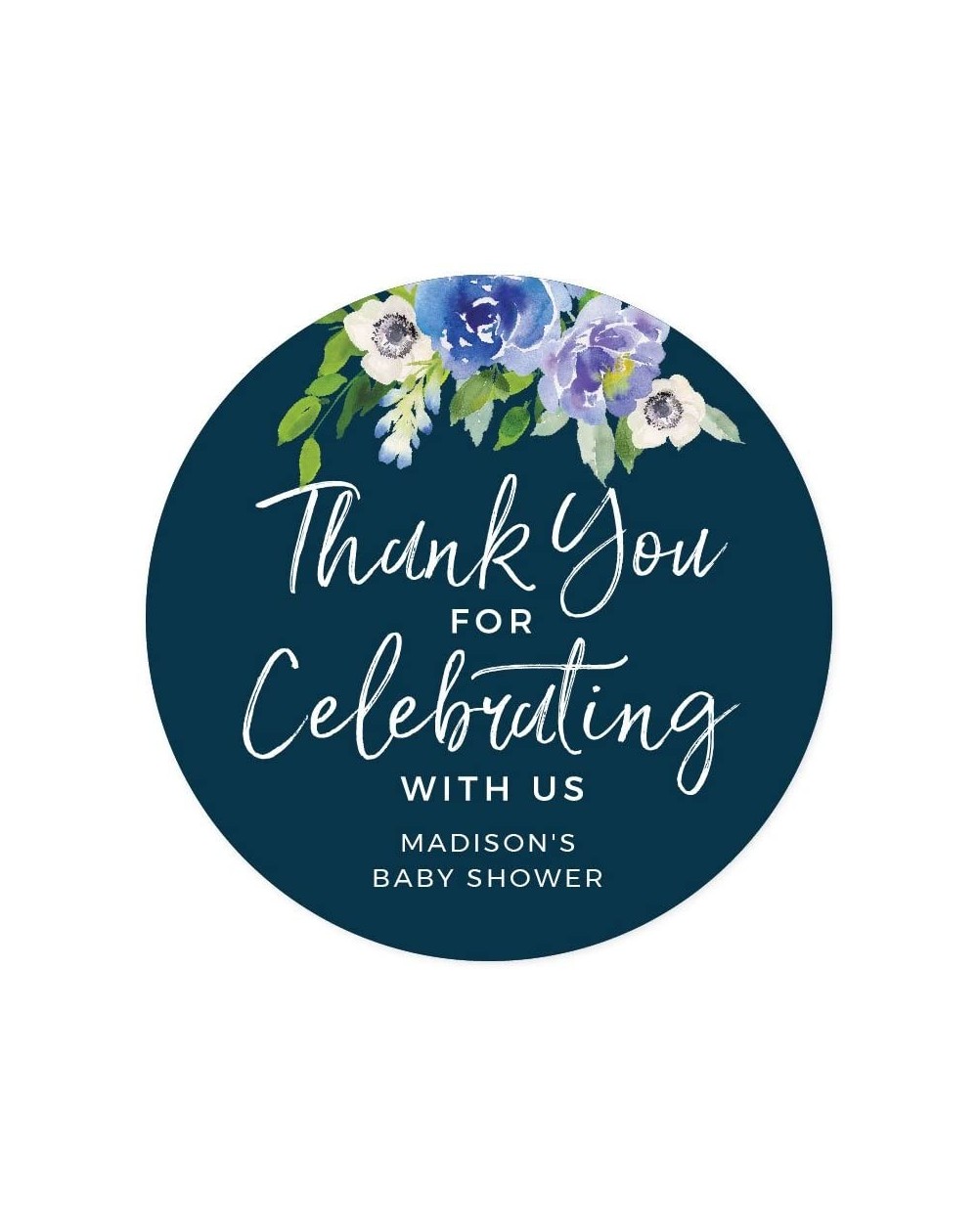 Favors Navy Blue Hydrangea Floral Garden Party Baby Shower Collection- Personalized Round Circle Label Stickers- Thank You fo...