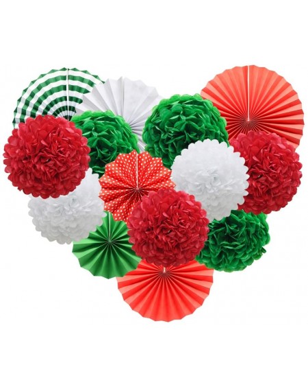 Tissue Pom Poms Red White Green Hanging Paper Party Decorations- Round Paper Fans Set Paper Pom Poms Flowers for Christmas Bi...