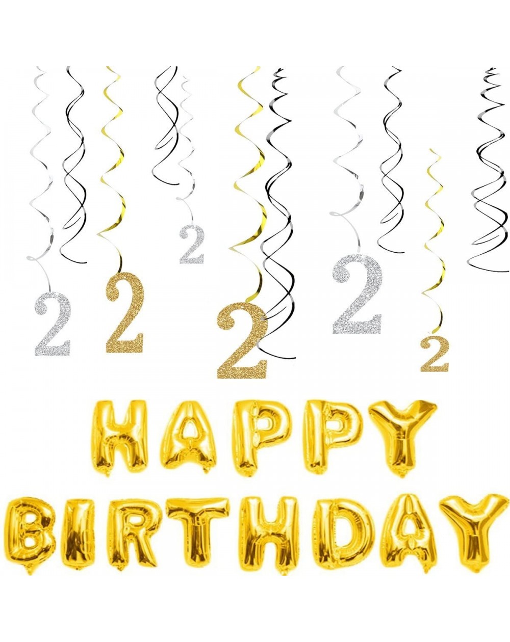 Banners & Garlands 2nd Birthday Decorations Kit- Gold Silver Glitter Happy second Birthday Banner & Sparkling Celebration Han...
