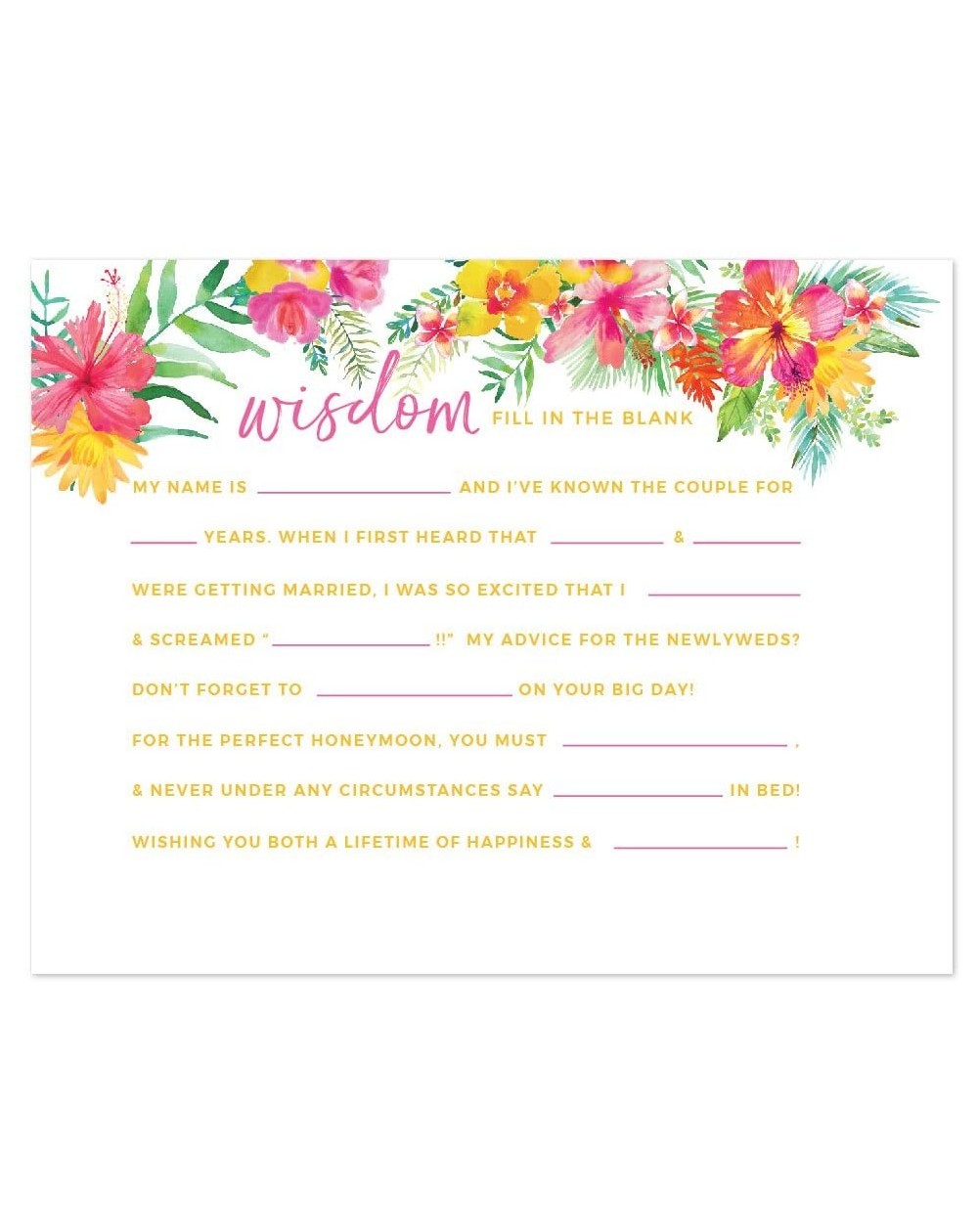 Favors Tropical Floral Garden Party Wedding Collection- Fill in The Blanks Advice for The Bride-to-Be Bridal Shower Game Card...