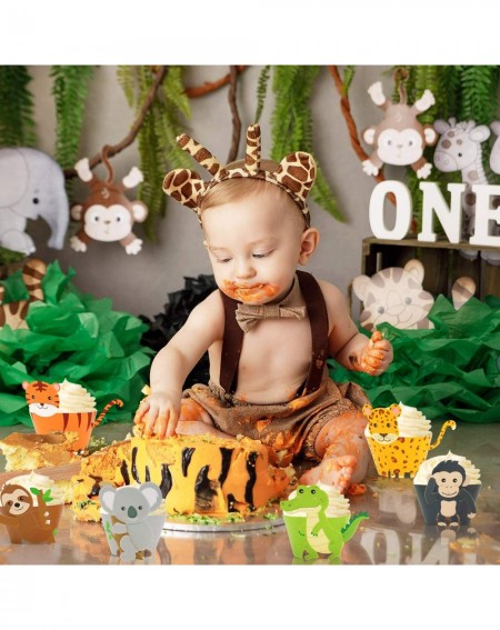 Cake & Cupcake Toppers 48pcs Jungle Safari Animal Cupcake Wrapper Wild One Birthday Photo Booth Props Zoo Party Supplies Baby...