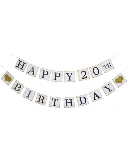 Banners & Garlands Happy 20th Birthday Banner - Gold Glitter Heart for 20 Years Birthday Party Decoration Bunting White - H-2...