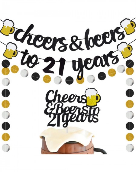 Banners & Garlands 21 Years Anniversary Decorations - Cheers & Beers to 21 Years Banner with 21th Years Old Cake Topper Black...