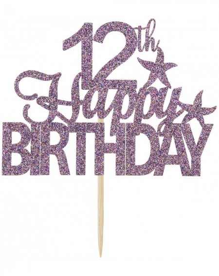 Cake & Cupcake Toppers Purple Glitter Happy 12th Birthday Cake Topper- Hello 12- Twelve Years Old Party Sign Decorations - CK...