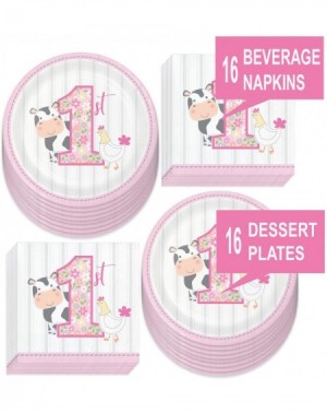 Party Packs Farm Birthday Party Supplies for Girls - Farnhouse Pink 1st Birthday Paper Dessert Plates and Beverage Napkins (S...