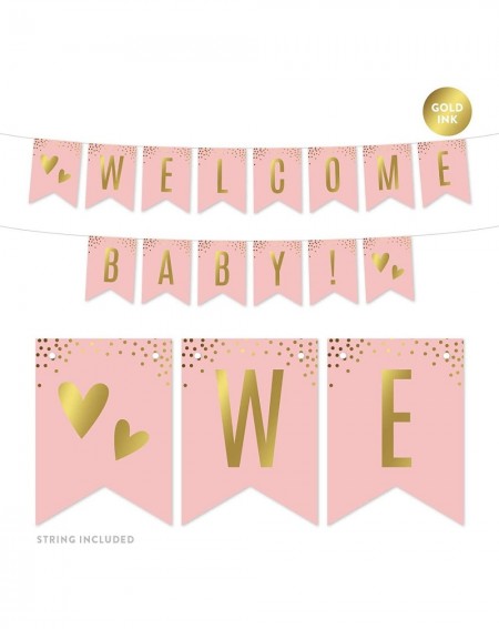 Favors Blush Pink and Metallic Gold Confetti Polka Dots Baby Shower Party Collection- Hanging Pennant Party Banner with Strin...