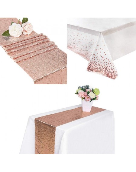 Confetti Sequin Table Runner Glitter Rose Gold(12x108-inch) Plastic Tablecloths for Rectangle Tables Rose Gold Disposable Tab...