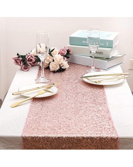 Confetti Sequin Table Runner Glitter Rose Gold(12x108-inch) Plastic Tablecloths for Rectangle Tables Rose Gold Disposable Tab...