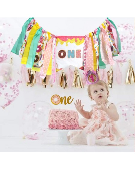 Banners Baby Girl Pink High Chair Banner for 1st Birthday Decorations with Gold Glitter One Donut Cake Topper No.1 Crown for ...