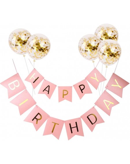 Banners Pink Happy BIirthday Banner with 5 pcs Gold Sequins Balloons- Birthday Party Decorations Supplies(Gold Letter) - CI19...