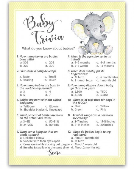 Favors GENDER NEUTRAL Baby Shower Game - BABY TRIVIA Game - Pack of 25 - YELLOW BABY ELEPHANT Fun Baby Facts Games- Yellow Po...