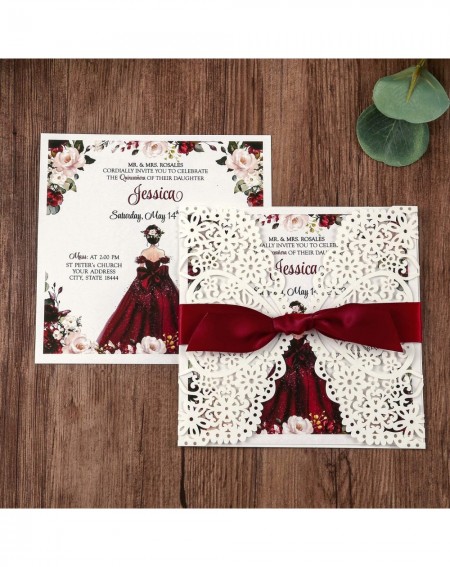 Invitations 5.9 x 5.9 Inch 50PCS Blank Burgundy Laser Cut Wedding Invitations With Burgundy Ribbon and Envelopes Kit Hollow F...
