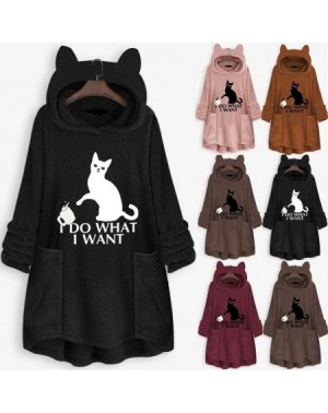 Banners Pullover Hoodie Women Plus Size-Womens Winter Warm Thick Plush Coat Jacket Cat Print Hooded Vintage Overcoat with Poc...