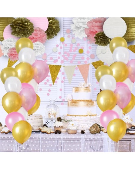 Tissue Pom Poms Pink and Gold Party Decorations- 50 pc Pink Party Supplies- Paper Pom Poms- Paper Lanterns- Glitter Garlands-...