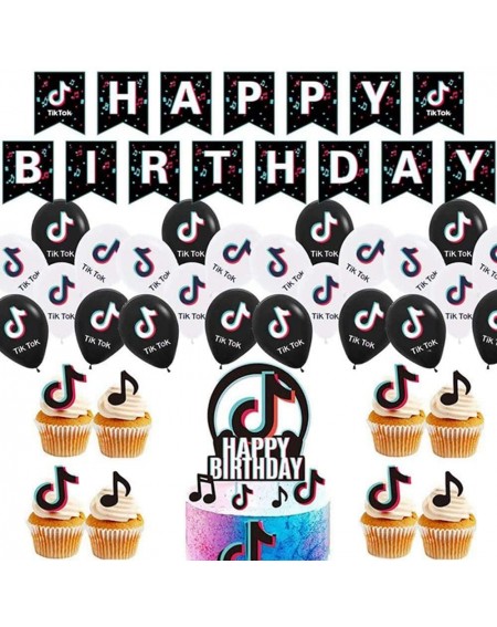 Cake & Cupcake Toppers Hot Birthday Parth Decorations for TIK Tok Theme- Party Supplies 1PC Party Banner- 1PC Cake Topper- 12...