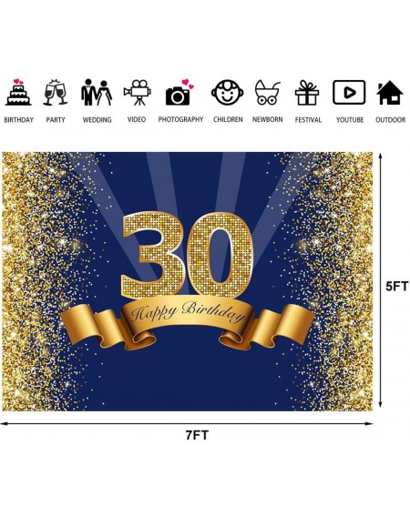 Photobooth Props Happy 30th Birthday Backdrop Navy Blue and Glitter Gold Thirty Years Old Background Shiny Adult Men 30 Birth...