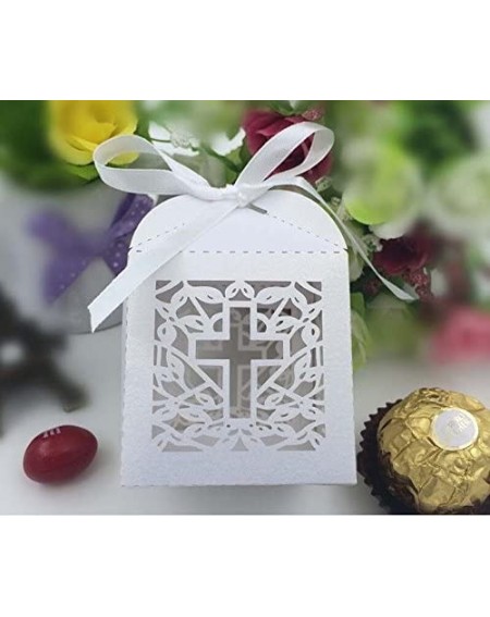 Favors New Design 50 Pack Cross Laser Cut Favor Box Christening Baby Shower Bomboniere with Ribbons Party Favors (White) - Wh...