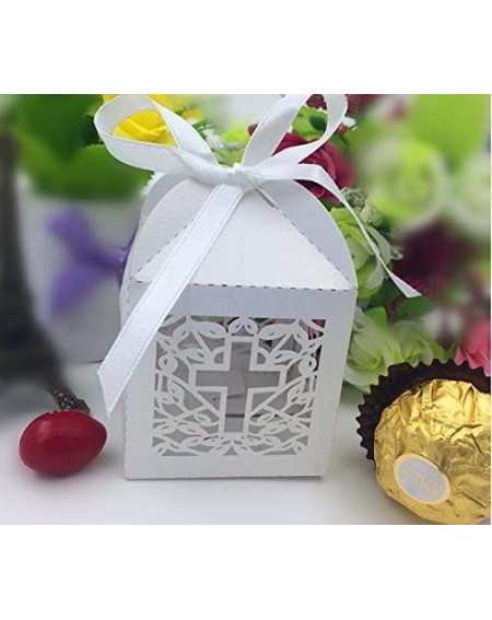 Favors New Design 50 Pack Cross Laser Cut Favor Box Christening Baby Shower Bomboniere with Ribbons Party Favors (White) - Wh...