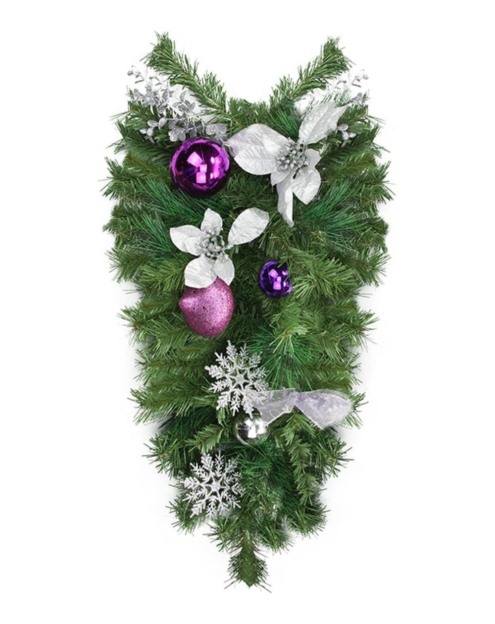 Swags 24" Pre-Decorated Silver Poinsettia- Eucalyptus and Purple Ornament Artificial Christmas Teardrop Swag - Unlit - CU17AZ...